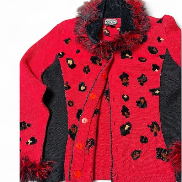 Berek Vintage Animal Print Red Cardigan Furry Accents size S - Picture 3 of 11